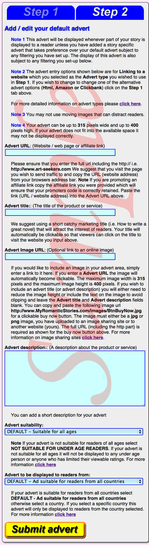 This is a screen shot image of the entry form. To enter your advert visit the Add/Edit your adverts page under your area.